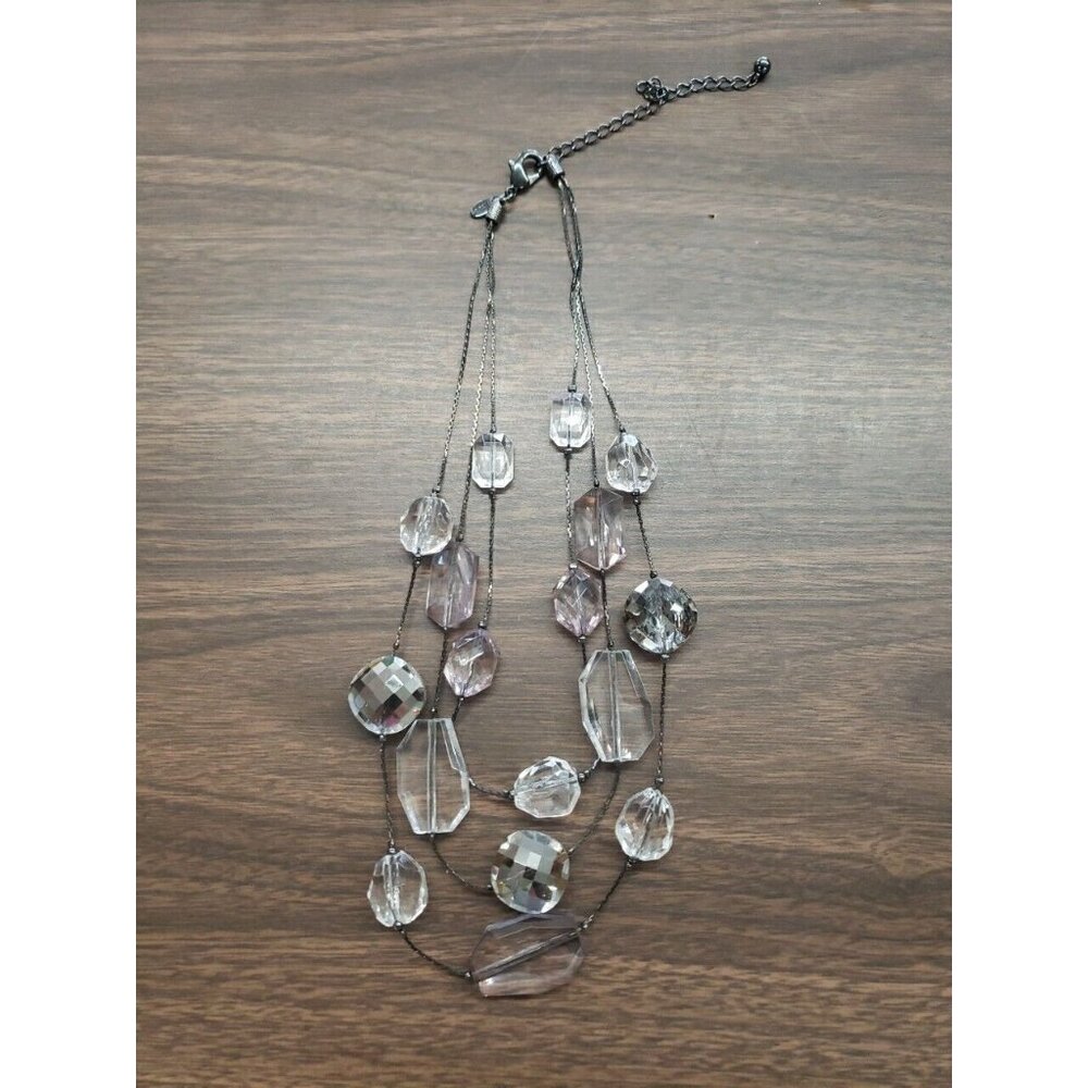 Chicos Choker Layered Beaded Purple Gray Clear Acrylic Silver Tone Chunky 22"